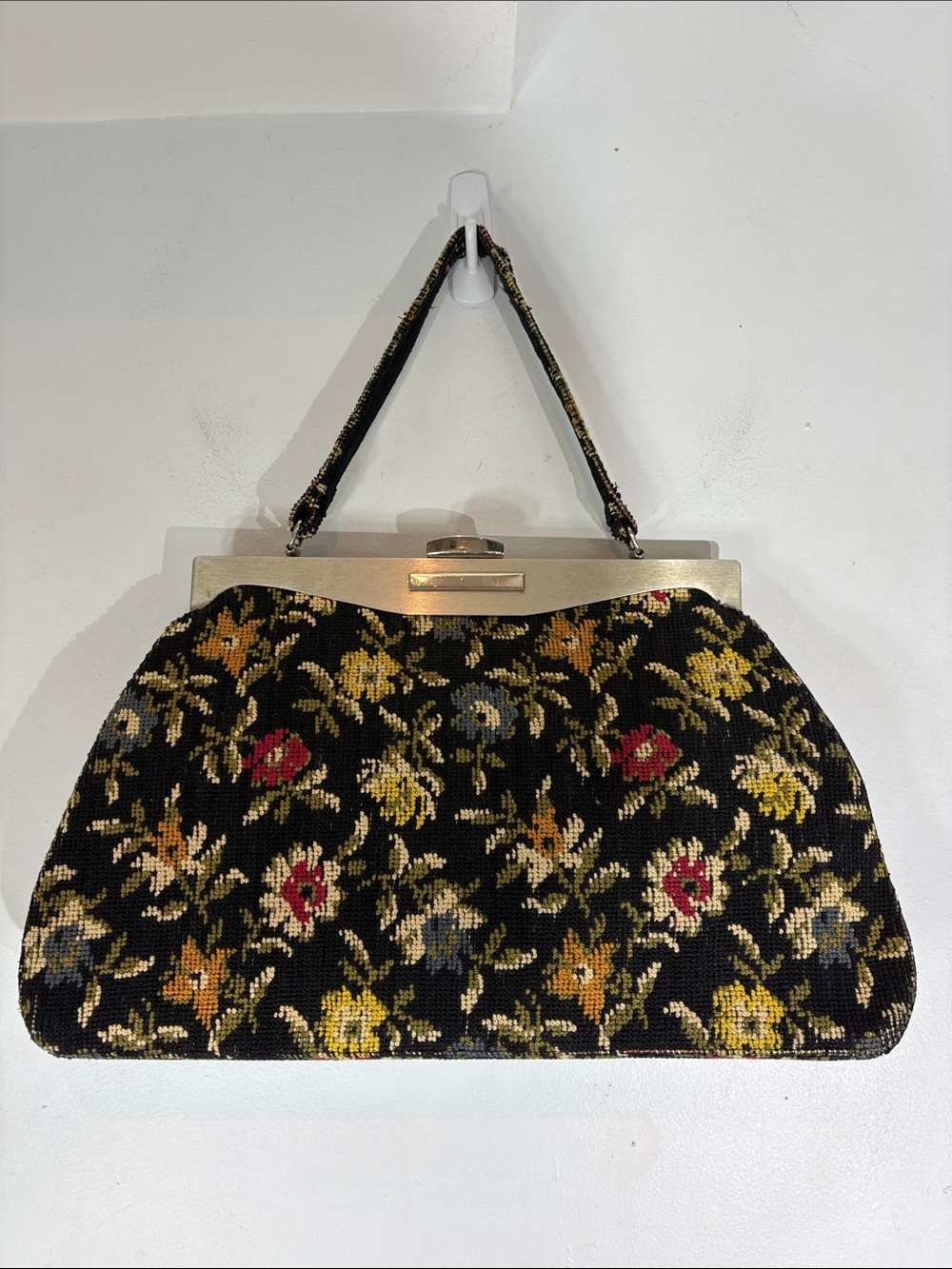 Vintage Floral Tapestry Handbag Purse Frame Bag Black Carpet Bag Top Handle